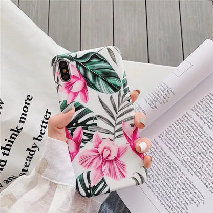Pink floral print TPU back cover case for iPhone models 6 through 11 Pro Max.
