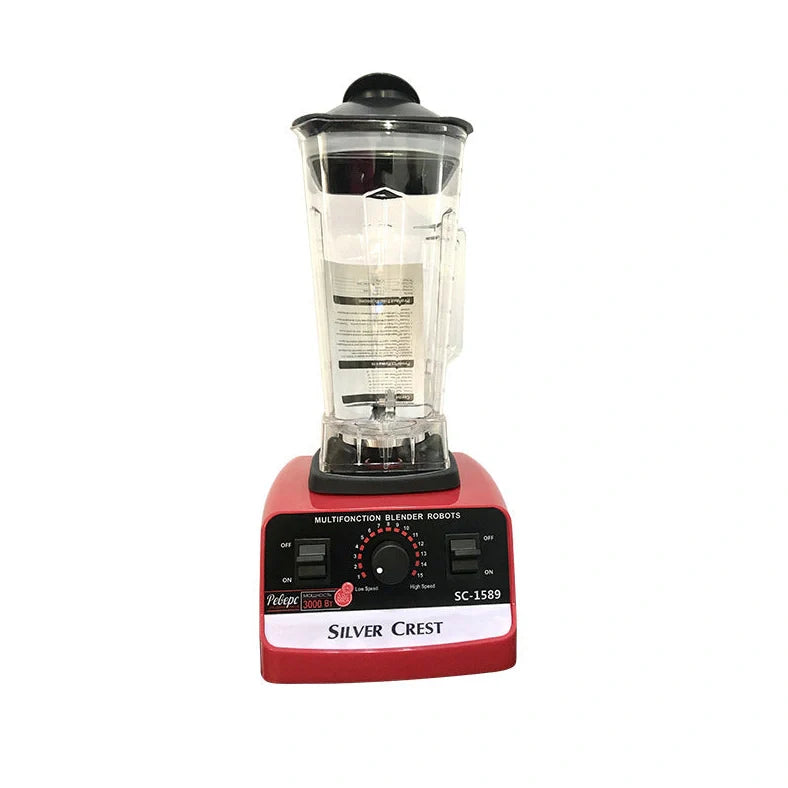 Red multifunctional juicer blender with 3000W motor, container, and base for kitchen food processing