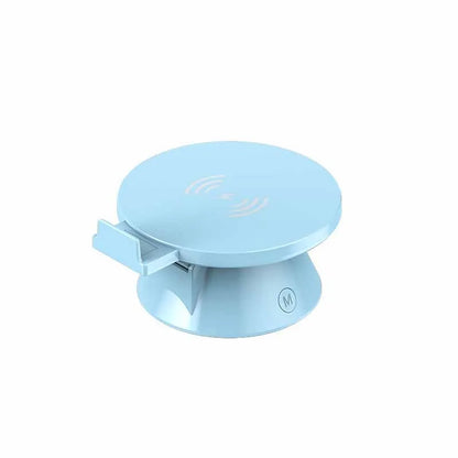 Small white plastic wireless phone charger holder with Bluetooth speaker, 12 × 10 × 6 cm, USB cable included