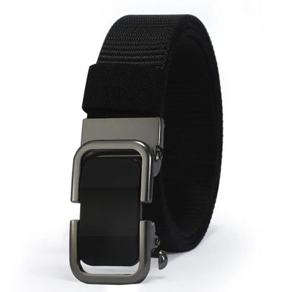 Men's toothless nylon canvas belt with an alloy buckle shown in Army Green colour, length 120cm.