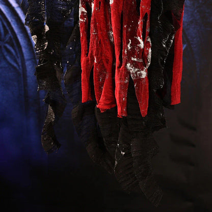 Spooktacular hanging ghost decoration with resin skeleton, shroud-like cloth, and terrifying sound and light effects