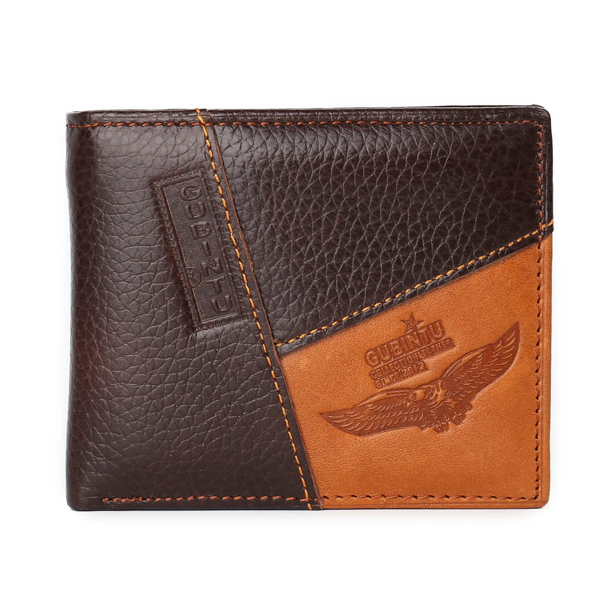 Brown leather wallet with car stitching, open to show bill holder, card slots, and zipper compartment