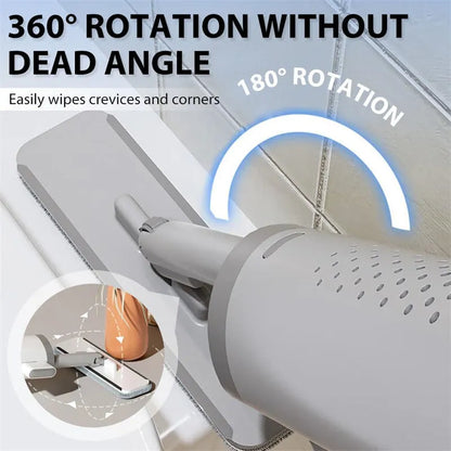 Rotatable self-squeeze mini mop with crevice brush attachment and microfiber pads for compact floor cleaning