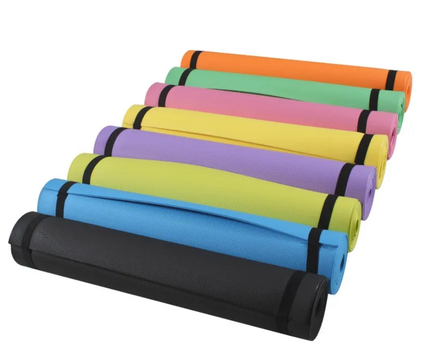 EVA composite fitness and yoga mat in blue, showing its texture and rolled edge next to a storage bag.