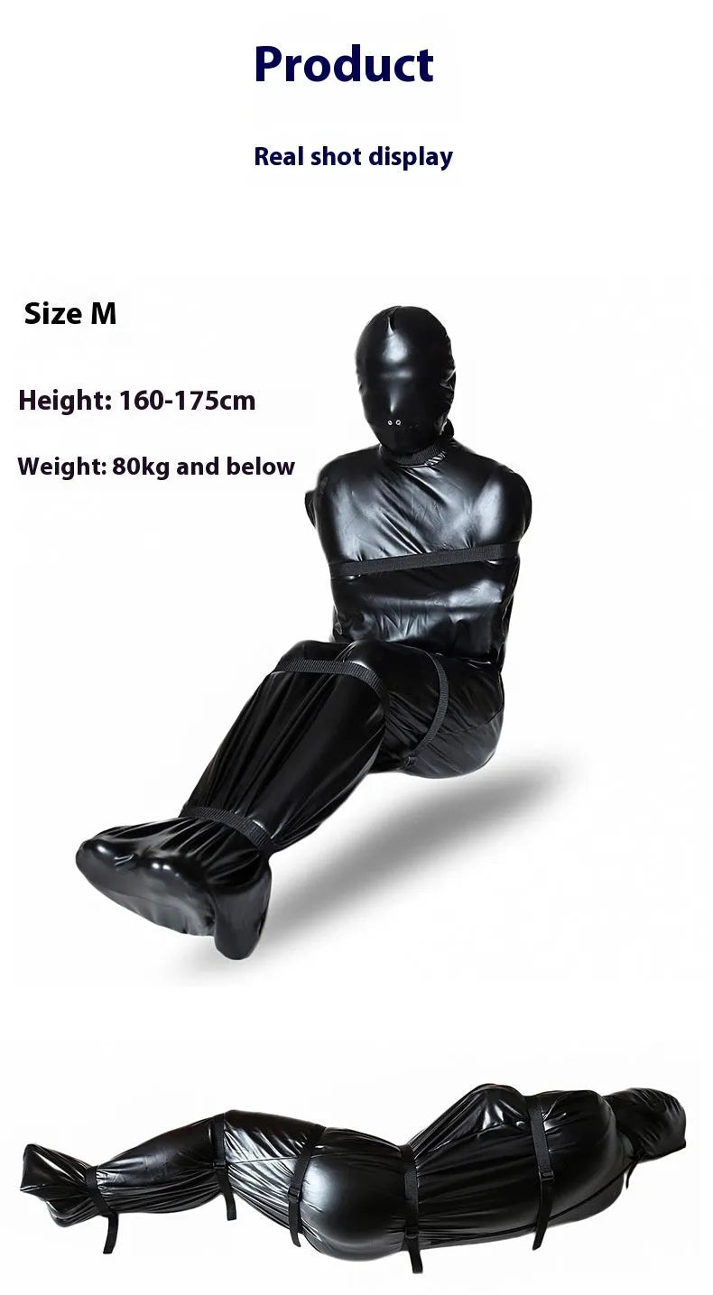 Black patent leather bondage harness set with six ratchet tie-down straps arranged for display