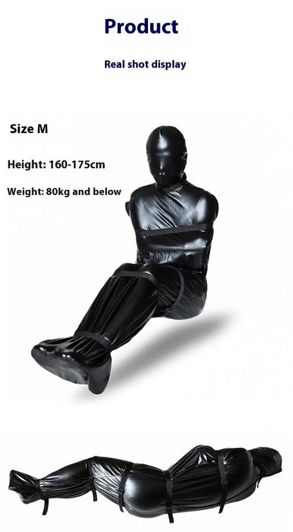 Black patent leather bondage harness set with six ratchet tie-down straps arranged for display