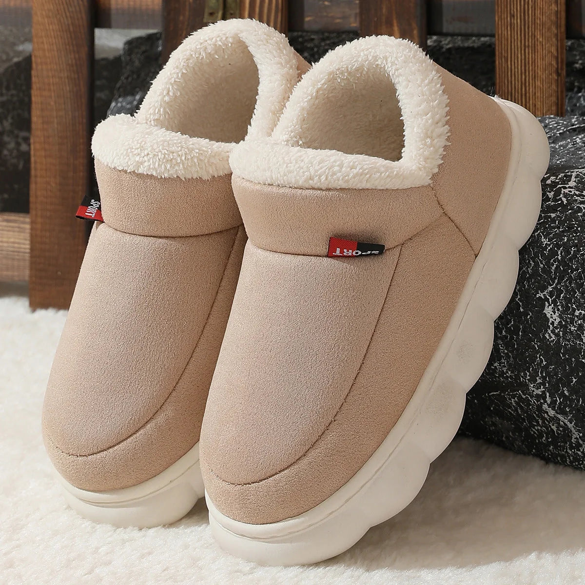 Cosy velvet house slippers for men and women, featuring plush velvet upper, suede lining, and durable rubber soles