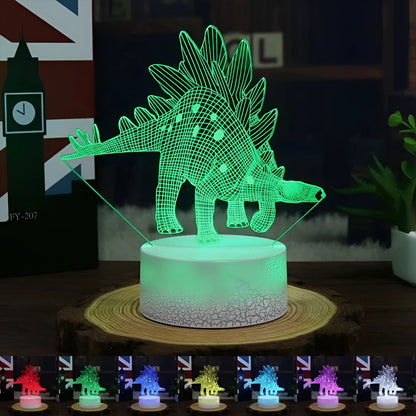 Colourful dinosaur 3D night light with LED effects on acrylic panel and ABS base