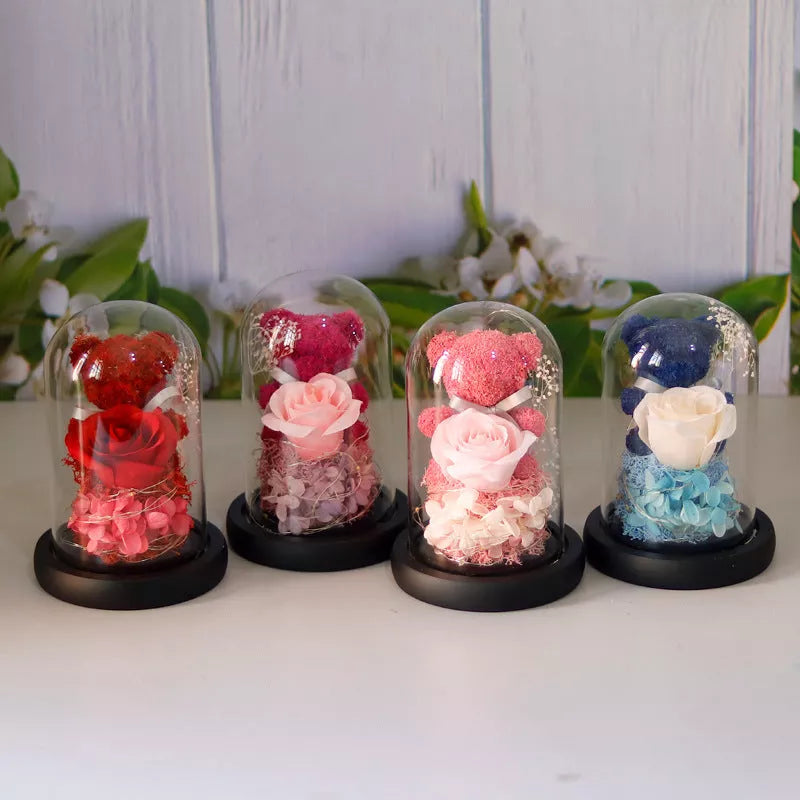 Eternal preserved rose and teddy bear gift box with warm LED lights