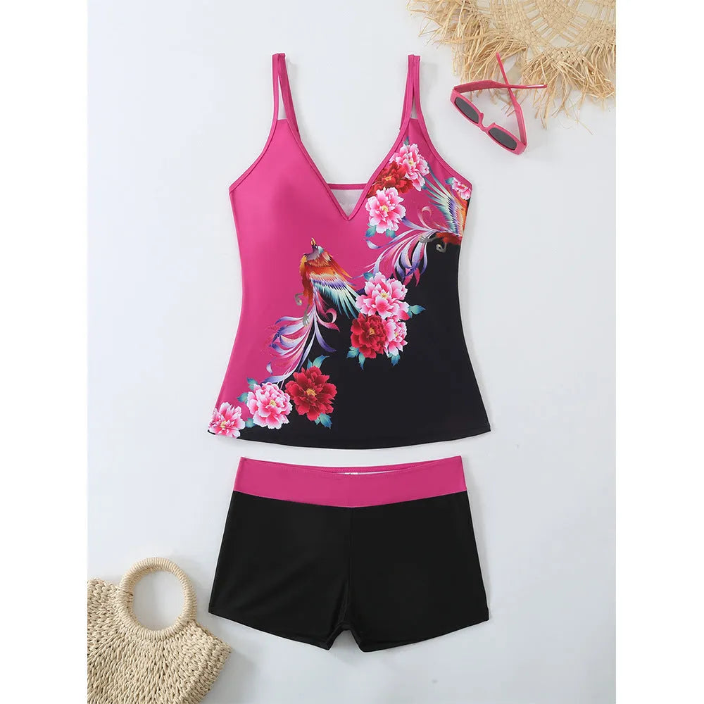 Plus size women's swimsuit in black or rose red with briefs style and cotton lining for swimming