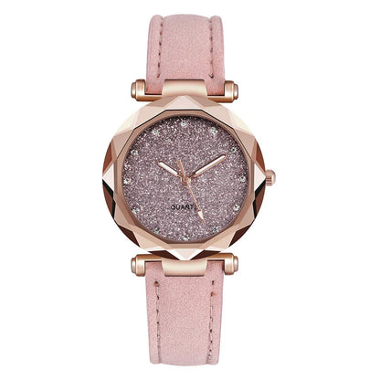 Elegant women's wrist watch with a captivating starry sky dial and leather strap, suitable for any occasion.