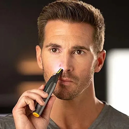 Grey ABS electric hair catcher with floating cutter head for men's eyebrow trimming, dry battery power, color box.