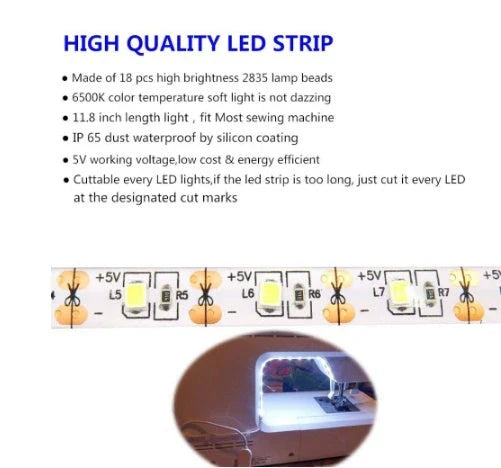 Customizable sewing machine LED light bar with touch-sensitive dimming controls for precise illumination