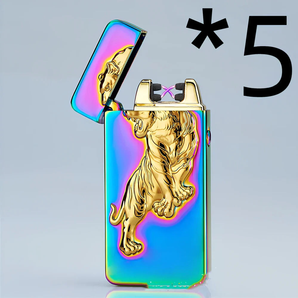 USB charging windproof metal lighter in Ice Golden Dragon design, 73.5x35x13mm compact size for reliable flame