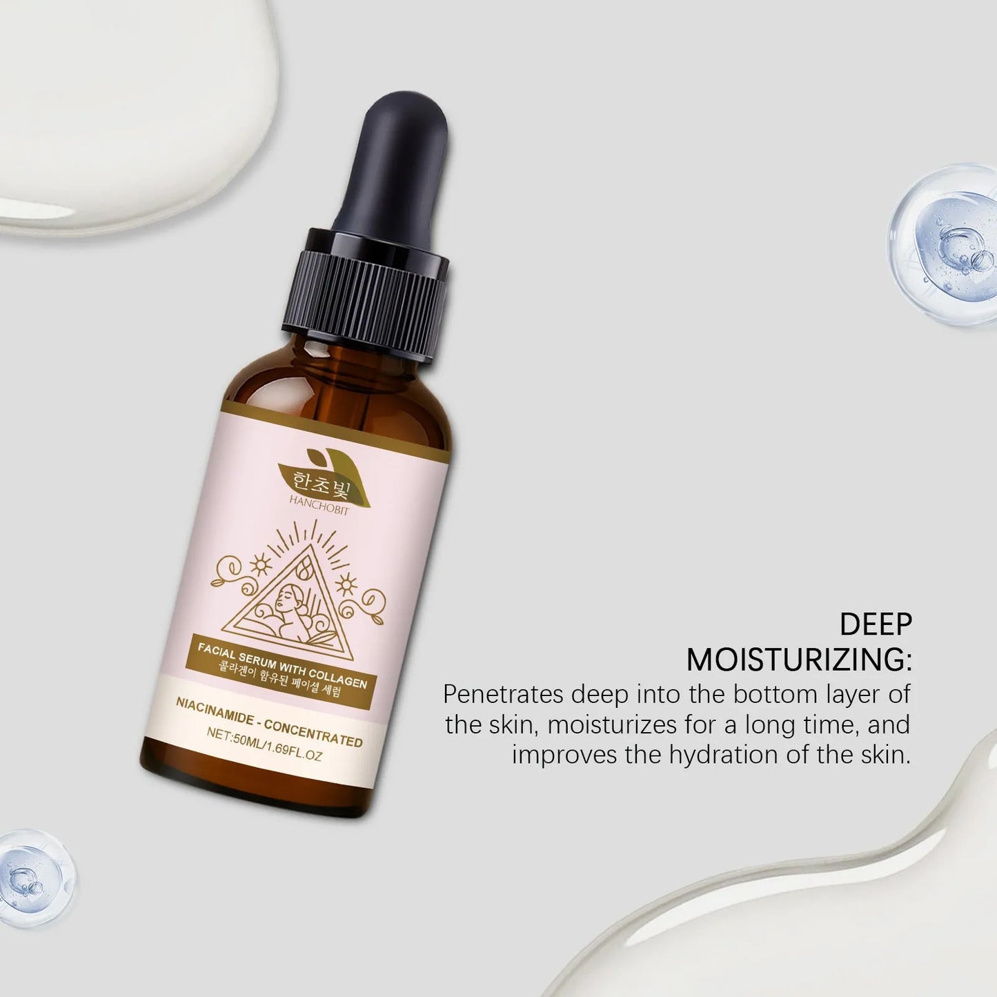 Collagen facial fluid 50ml bottle with nicotinamide hydrating essence for face and neck skincare
