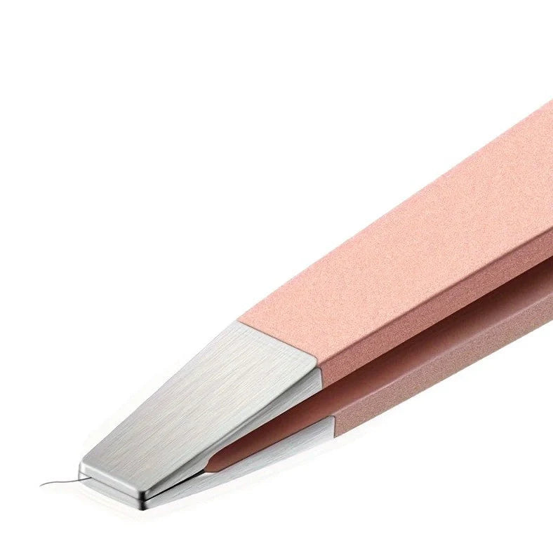 Four stainless steel tweezers arranged together showing 9.5cm length and precision tips