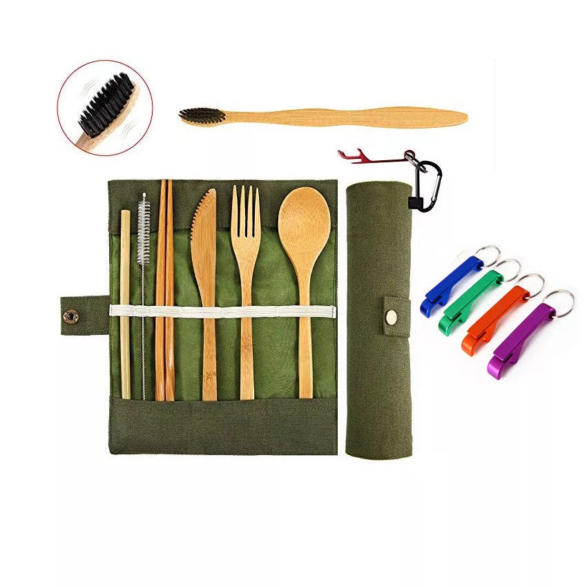 Bamboo straw set with knife, fork, spoon, chopsticks, and cleaning accessories