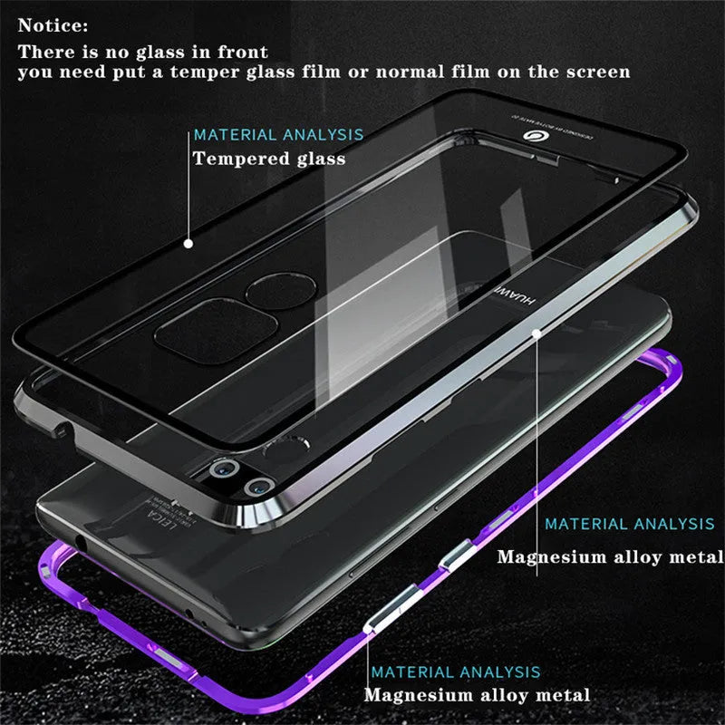 Magnetic phone case with metal frame and 9H tempered glass back in black, blue, red, or white for Honor and Huawei phones