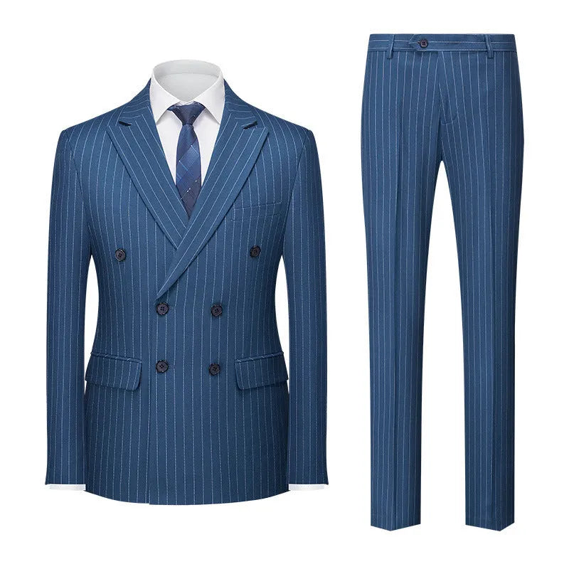Men's striped double-row two-button business suit in slim fit with trousers