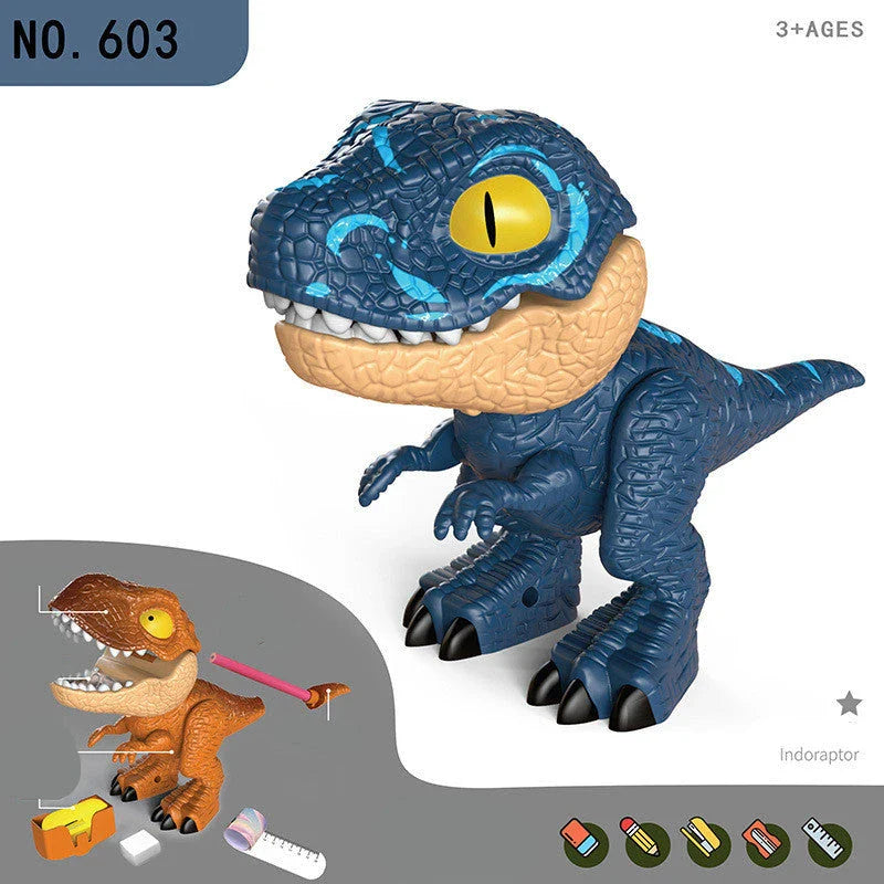 Transformative dinosaur-themed stationery set with movable joints and integrated school supplies