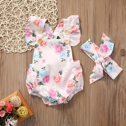 Baby girl white floral two piece set with sleeveless cotton triangle dress and matching bottoms, sizes 73cm to 100cm