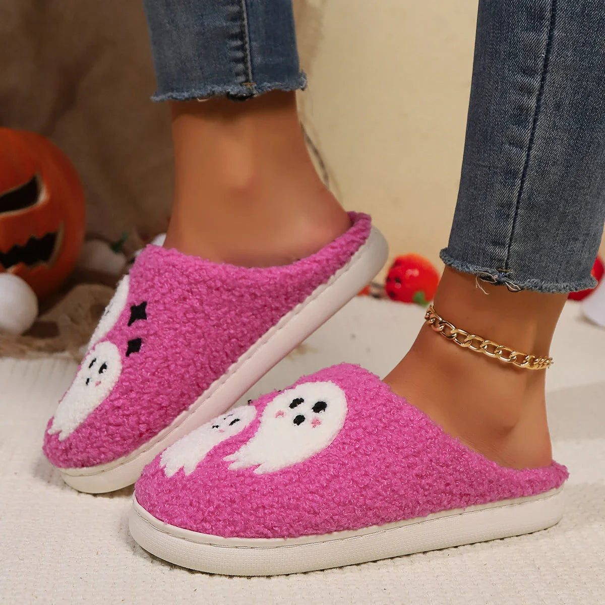 Cozy Halloween ghost-themed cotton slippers for women in pink and black colors