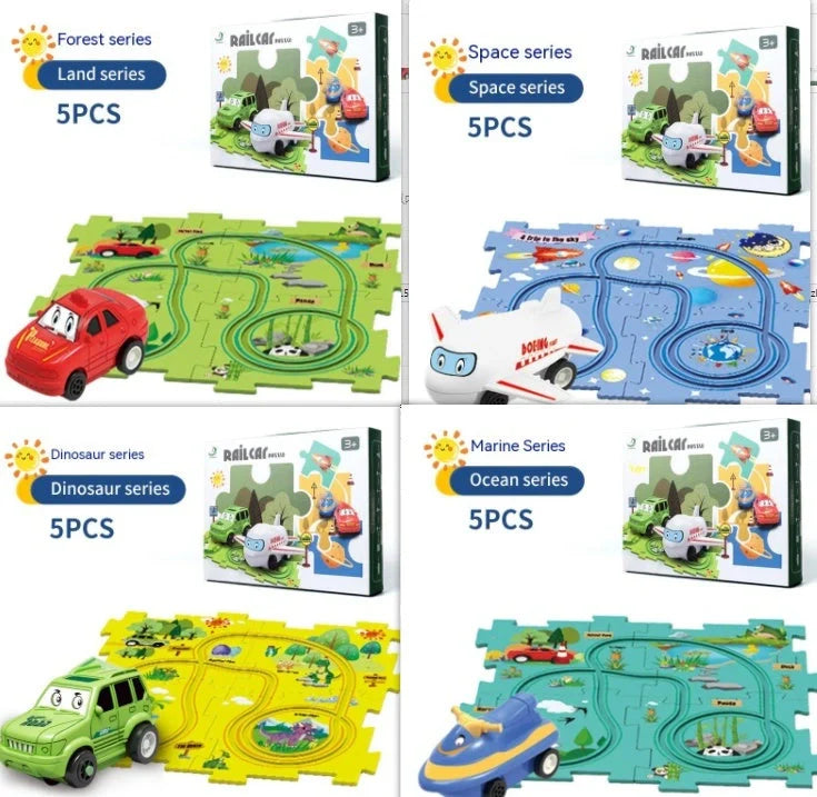 DIY Electric Railroad Speeder Toy with puzzle tracks and automatic car