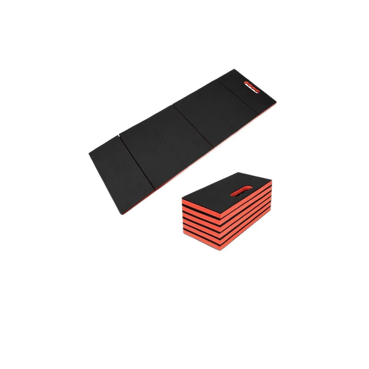 Green EVA foam folding kneeling mat unfolded on a garage floor