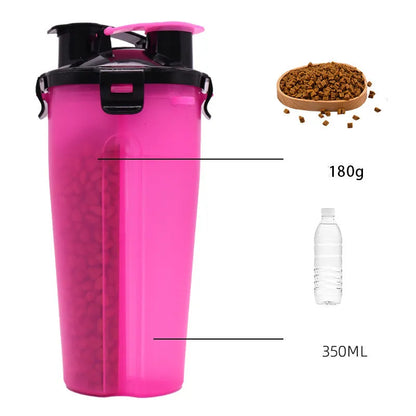 White portable pet water and food cup with separate compartments, shown with blue lid.