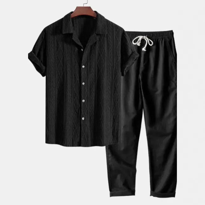 Men's camouflage print linen short-sleeved shirt and trousers set with cardigan lapel in slim-fit style