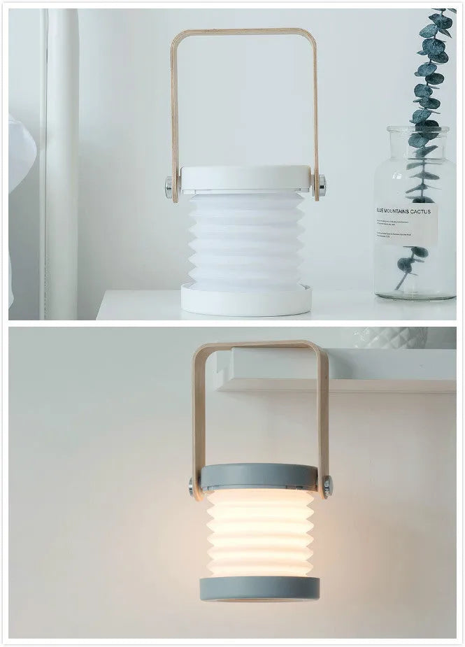 Foldable touch dimmable LED night light showing table lamp and lantern configurations