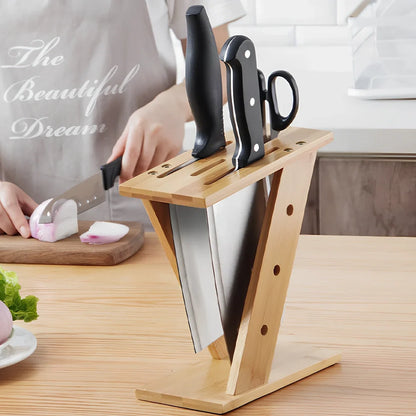 Bamboo cross kitchen knife holder, 20cm tall, stores five blades in upright slots on 15cm base