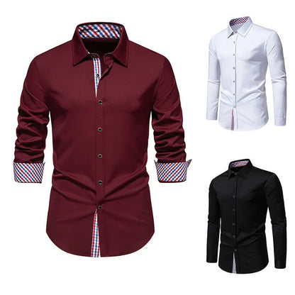 Men's loose plaid stitching casual long-sleeved shirt in black, white or wine red colours