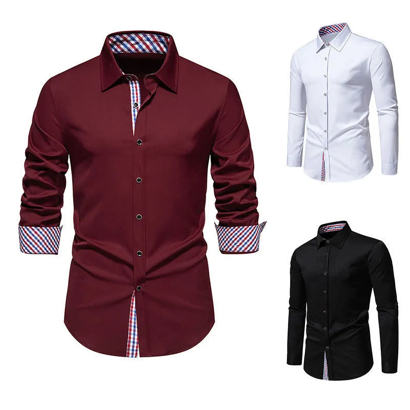 Men's loose plaid stitching casual long-sleeved shirt in chemical fibre blend polyester fabric, plus size city style cardigan suitable for four seasons leisure wear in black, white or wine red colours.