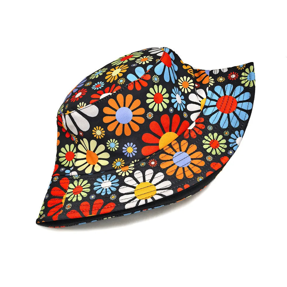 Flower print polyester bucket sun hat with dome crown in size M for 56-58cm head circumference