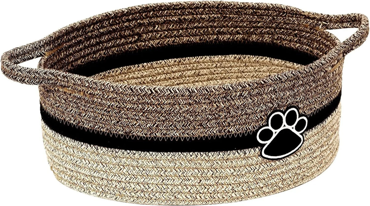 Handmade light beige cotton rope storage basket with handle, dimensions 34cm by 26cm by 15cm