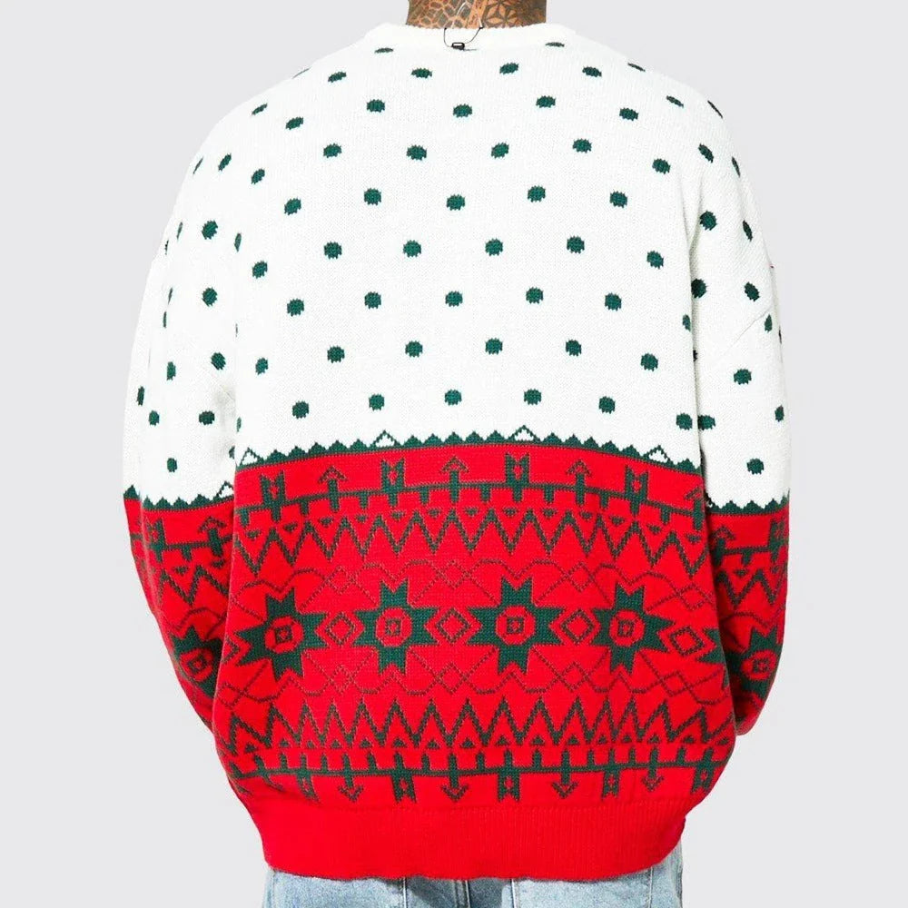 Cozy knit pullover sweater in green and white colors, featuring a relaxed, loose-fitting silhouette and premium jacquard texture.