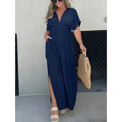 Elegant bat-sleeve v-neck slit dress in a variety of summer colors, featuring a flattering silhouette and comfortable polyester fabric