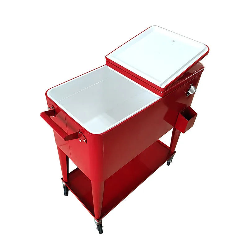 Red outdoor insulated picnic trolley with metal heat preservation box and wheels