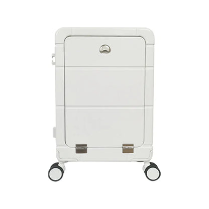 20-inch front opening suitcase in titanium silver colour with universal wheels and a separate compartment.