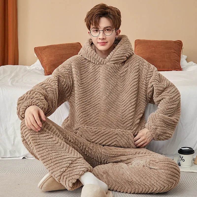 Men's coral fleece pyjama set in grey, two-piece polyester suit with top and pants, sizes L to 3XL