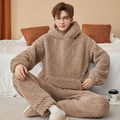 Men's coral fleece pyjama set in grey, two-piece polyester suit with top and pants, sizes L to 3XL