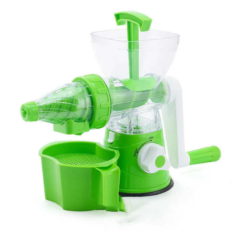 Red manual plastic citrus juicer with a labour-saving lever on a kitchen counter.