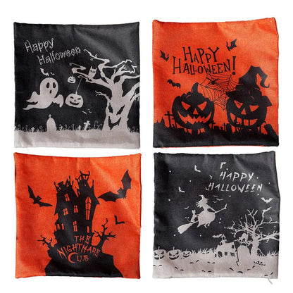 Halloween-themed square cloth pillowcase showing four design options: castle, ghost, pumpkin, and witch styles.