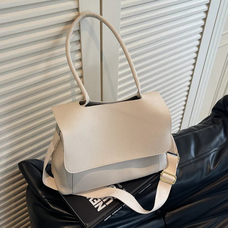 Horizontal square PU leather tote bag with double shoulder straps in khaki colour.
