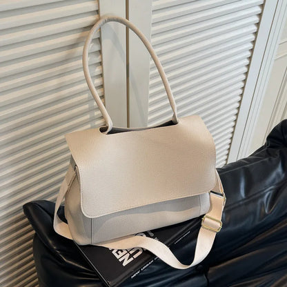 Horizontal square PU leather tote bag with double shoulder straps in khaki colour.