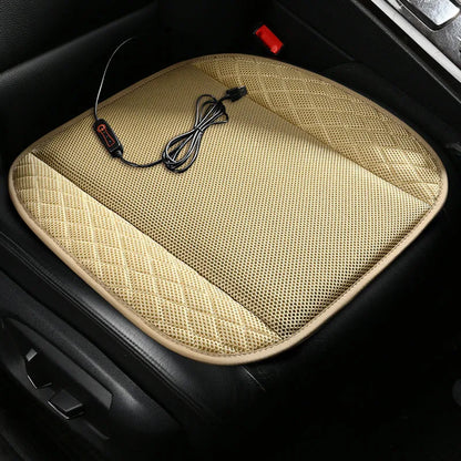 USB ventilated car seat cushion in black suede with visible fan vents, placed on a car seat.
