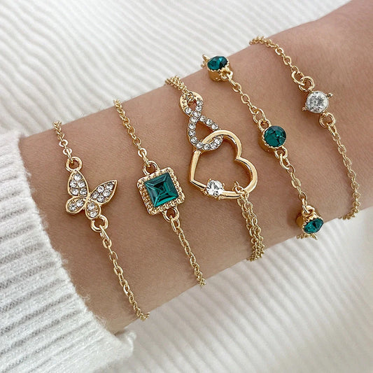 Bohemian 5-piece green crystal bracelets set for women featuring a unique heart design