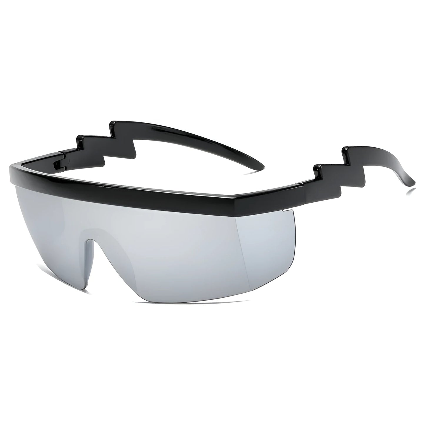 Black one-piece cycling sunglasses with blue polycarbonate lenses and lightning leg temples on a grey background.
