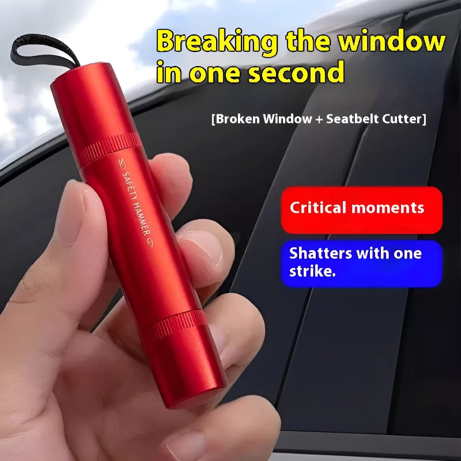 Black and red ABS plastic car safety hammer with spring-loaded window breaker and seatbelt cutter